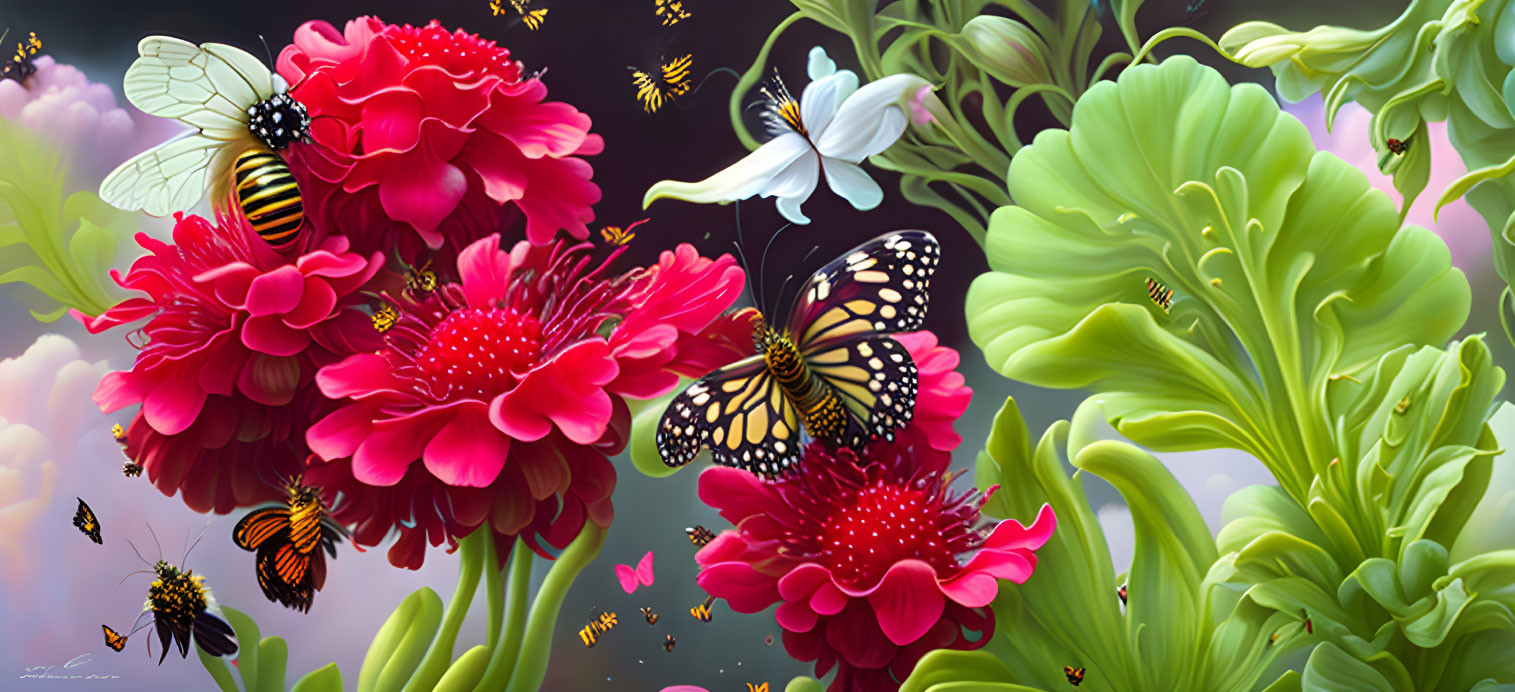 Colorful Flowers and Insects in Lush Garden Scene