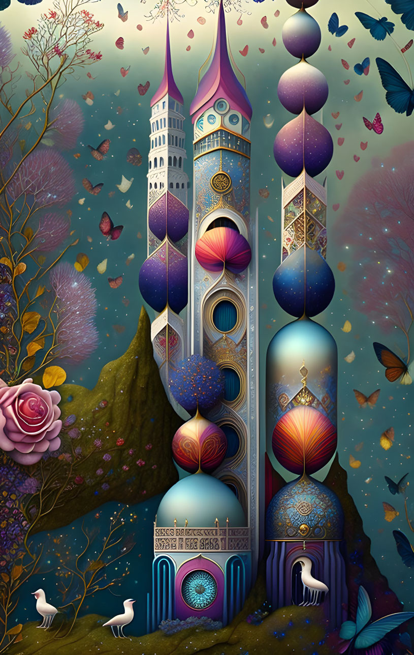 Fantastical vertical castle with ornate spires, balloons, butterflies, forest, and twilight sky