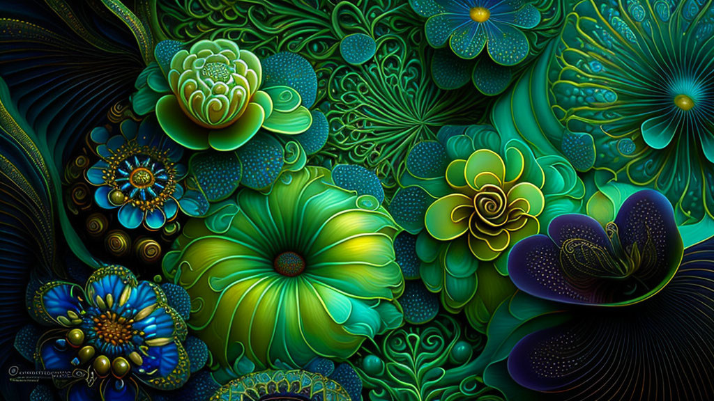 Colorful digital artwork: stylized flowers & intricate patterns in green, blue, yellow