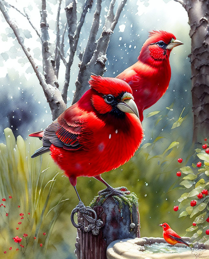 Vibrant red cardinals on snowy branches with small bird, berries, and foliage