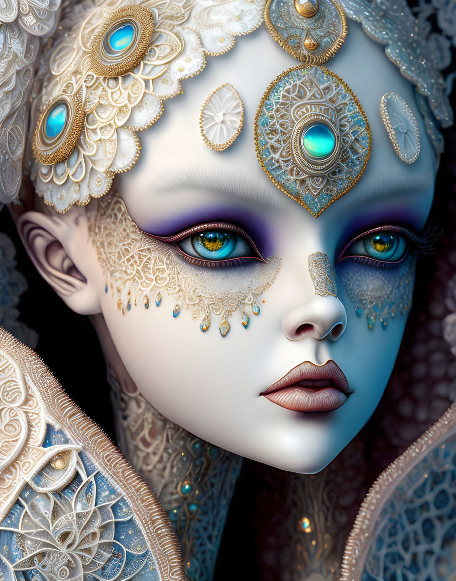 Fantasy character with golden jewelry, peacock feather patterns, and detailed makeup