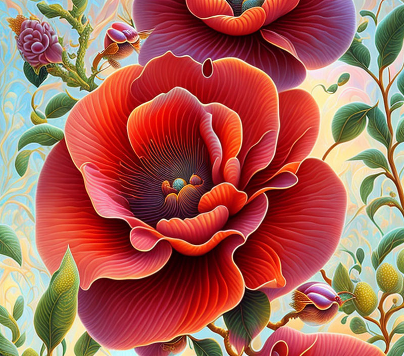 Detailed digital illustration of vibrant red flower and green foliage