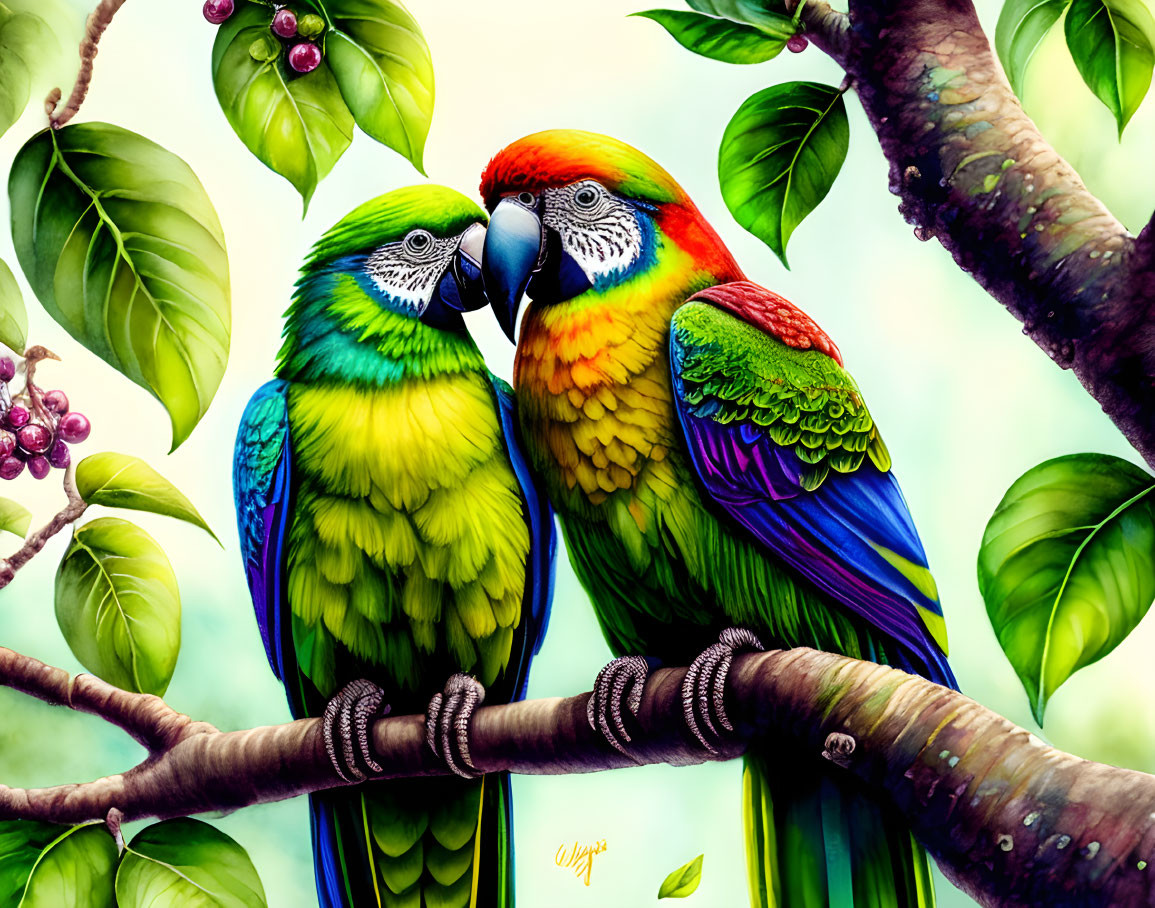 Colorful Parrots Touching Beaks on Branch in Lush Setting