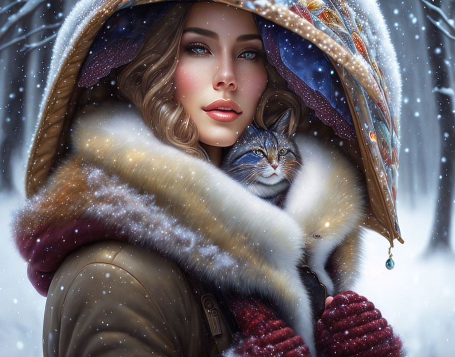 Woman in winter attire holding a cat under starry umbrella