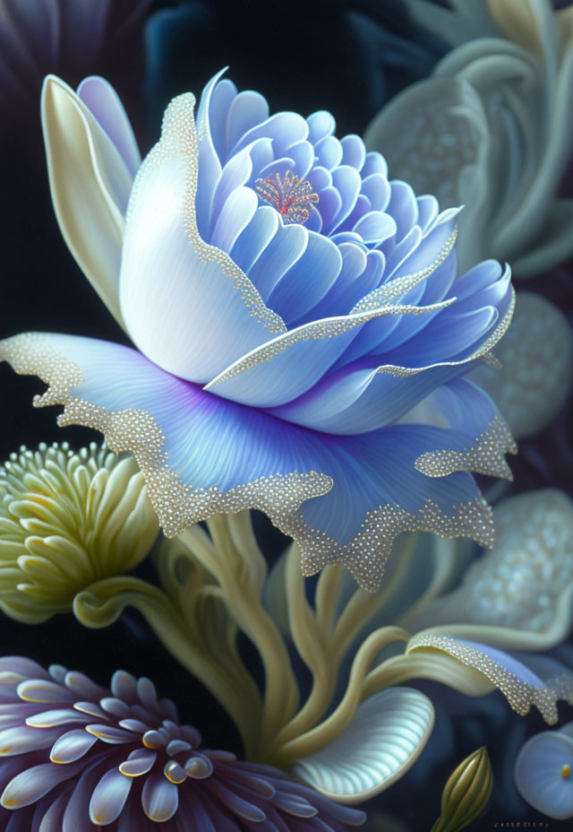 Blue and White Lotus Flower Digital Art on Dark Background