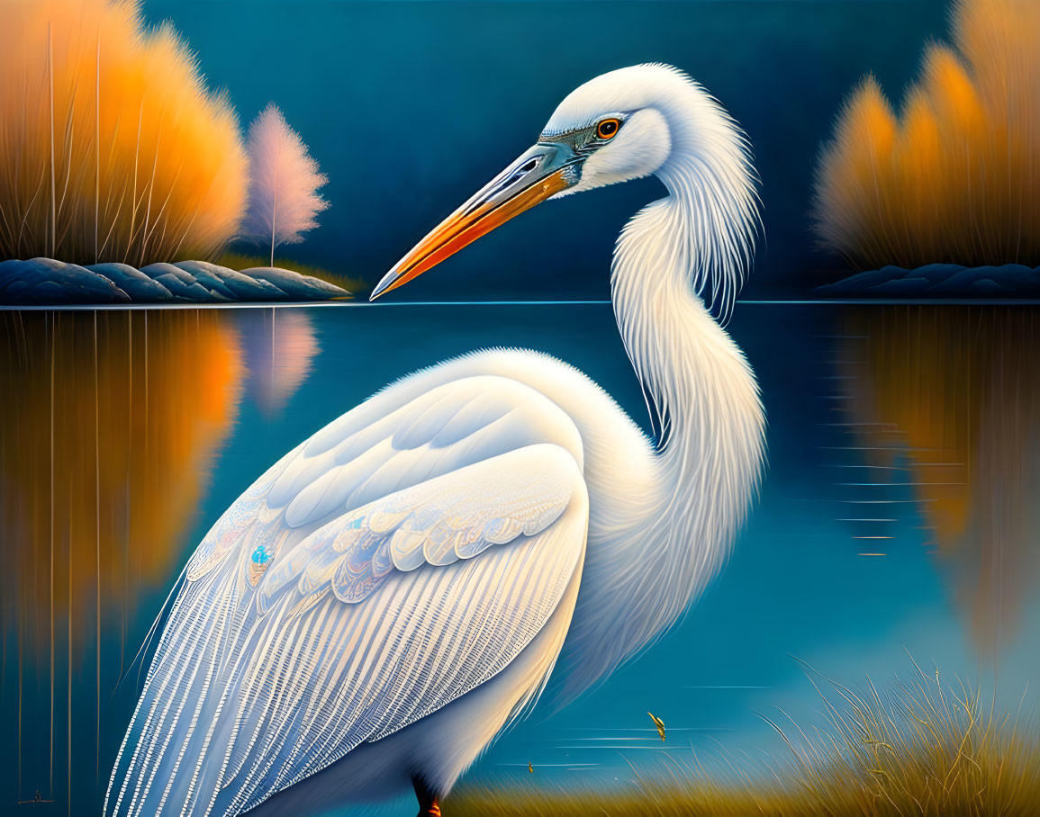 Great Egret Illustration by Blue Lake at Twilight