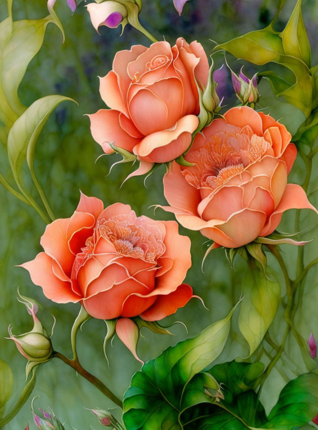 Detailed Orange Roses in Various Stages of Bloom Against Blurred Green Background