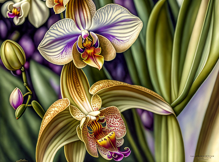 Detailed Vibrant Orchids in White, Purple, and Yellow on Green Background