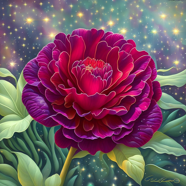 Colorful digital artwork: Large crimson peony on celestial background with green leaves