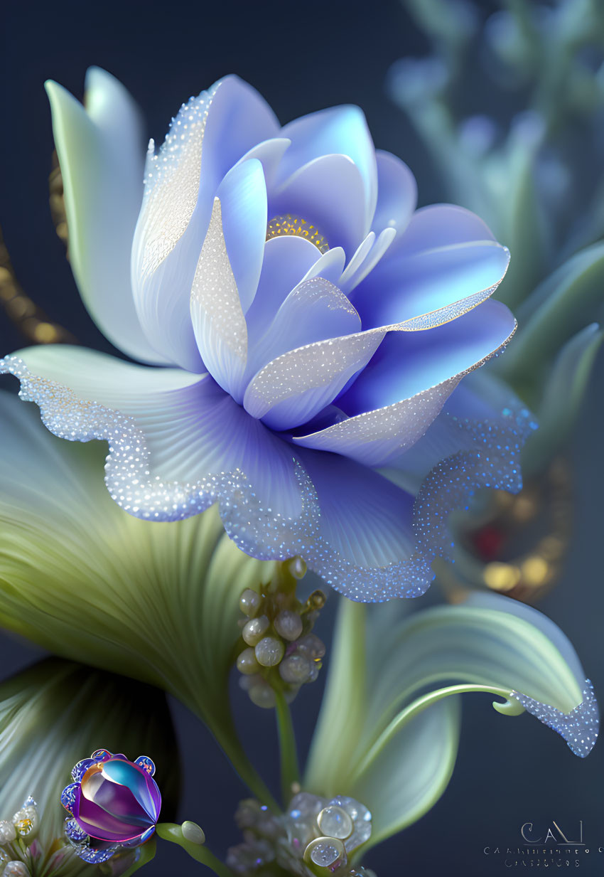 Luminescent blue flower with white tips and dewdrops on dark background