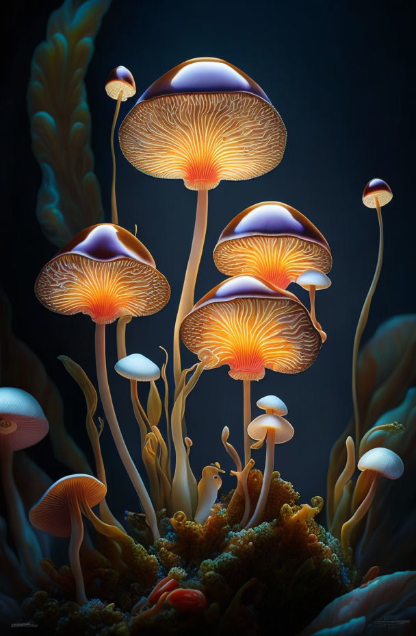 Various sizes of glowing mushrooms surrounded by undersea plant-like structures on a dark backdrop - an ethereal