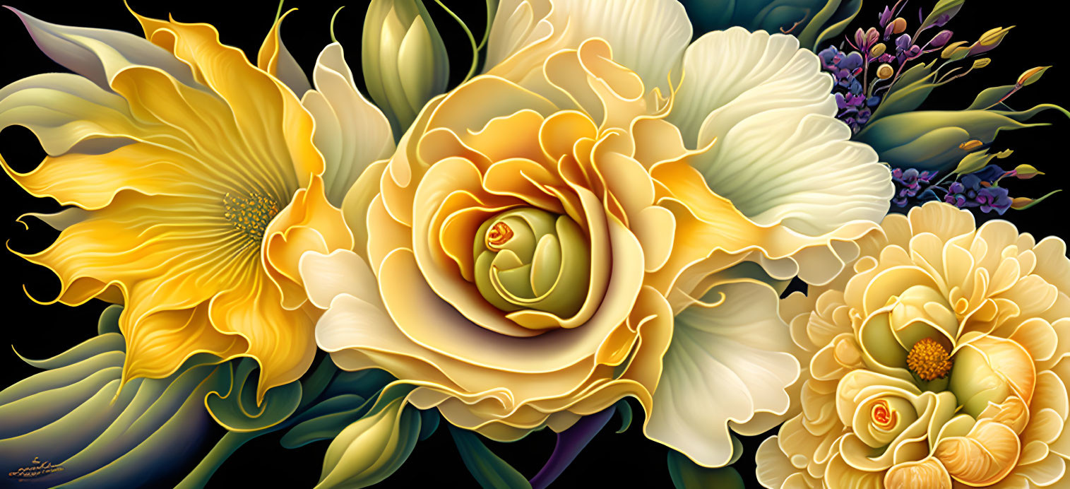 Colorful digital artwork: Yellow and cream flowers with purple accents on dark background