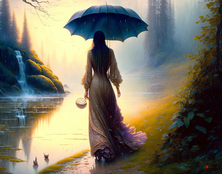 Woman in ornate dress with umbrella by serene lake, paper boats, mystical forest.