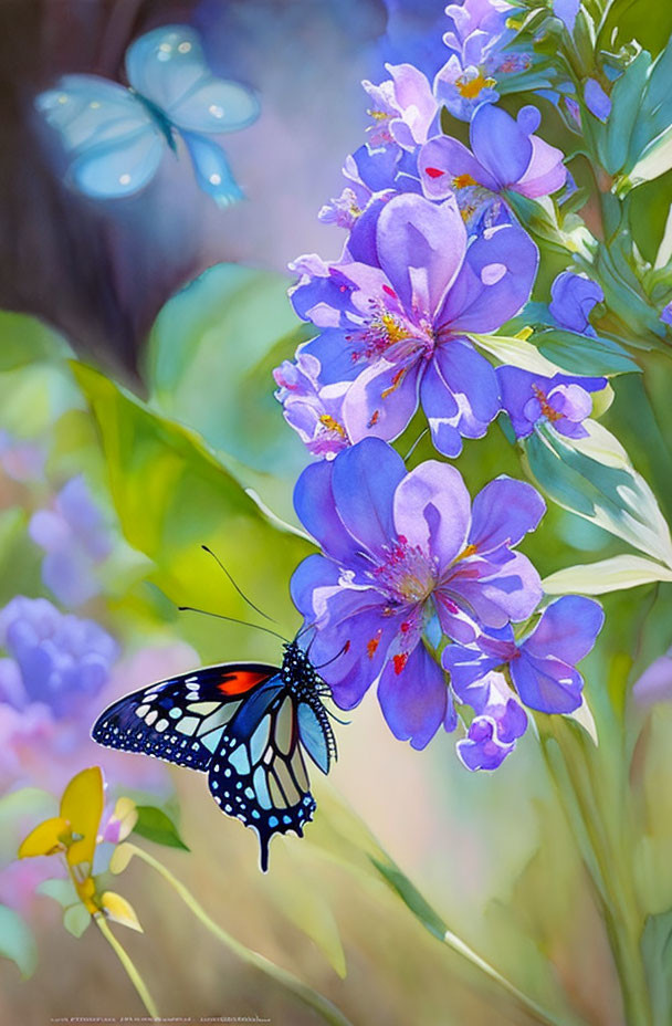 Colorful Butterfly Scene with Lilac Flowers and Greenery