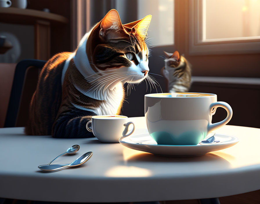 Two Cats on Table with Cup and Saucer in Cozy Room