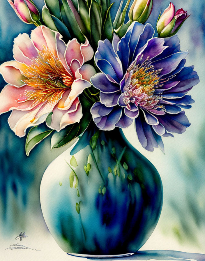 Colorful watercolor painting: Pink and blue flowers in blue vase