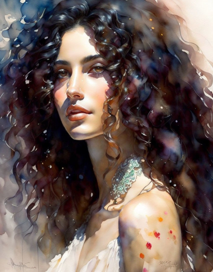 Vibrant watercolor portrait of a woman with curly hair and deep-set eyes