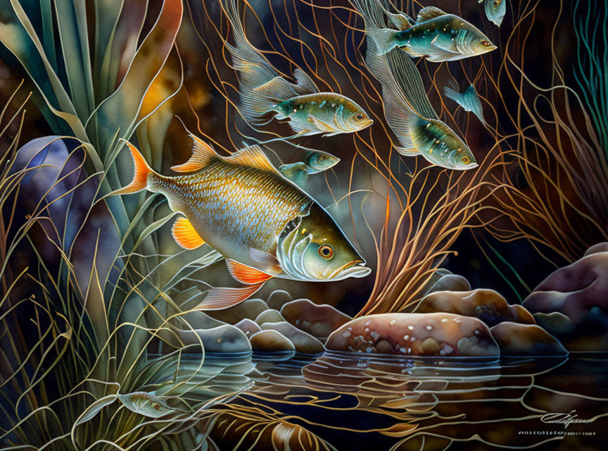 Vibrant underwater scene with colorful fish and aquatic plants