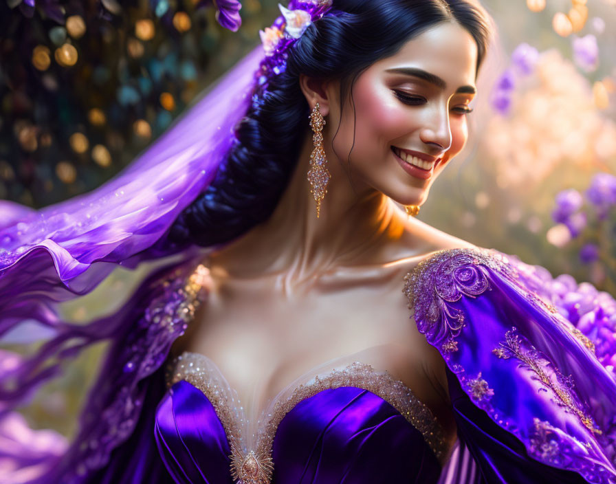 Elegant woman in vibrant purple traditional dress and golden embroidery smiling gracefully