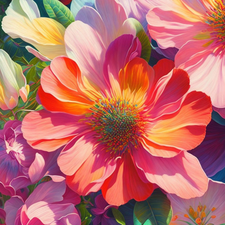 Detailed digital painting of large red flower with colorful center and pastel petals