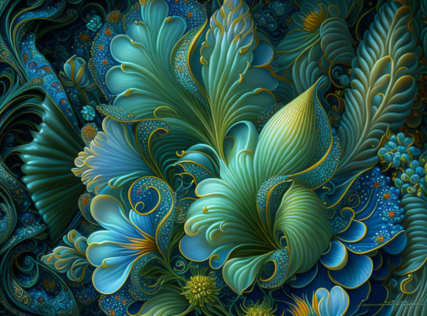 Intricate blue and green flora with gold accents in fantasy artwork