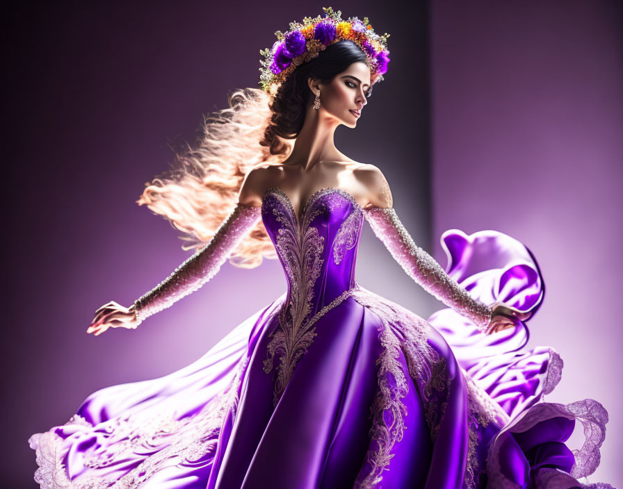 Woman in intricate purple ball gown with floral crown on soft backdrop