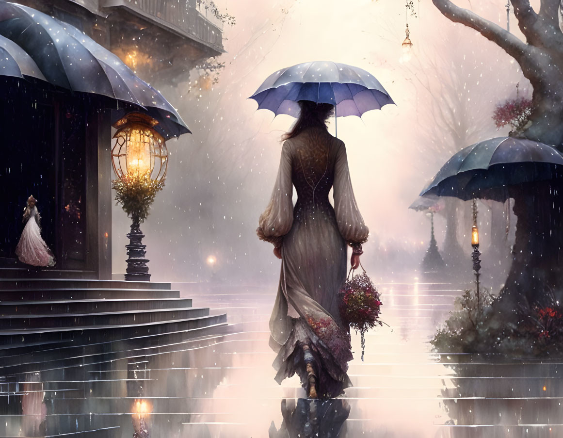 Person holding blue umbrella in romantic rain setting with glowing street lamps and falling petals.