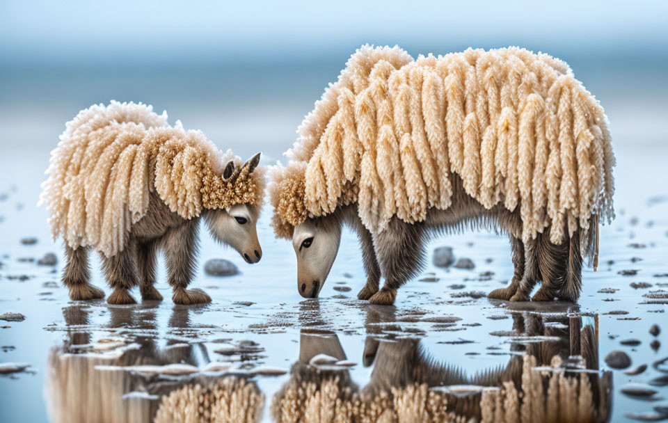 Fluffy wool sheep arch reflection on wet sand