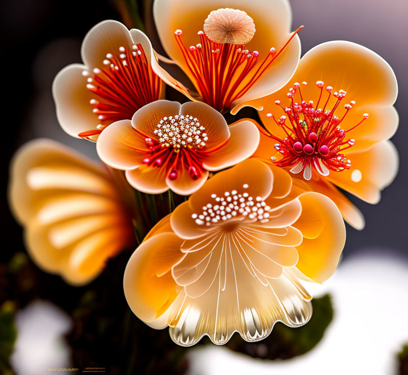 Floral artwork with red-tipped stamen and white speckled centers