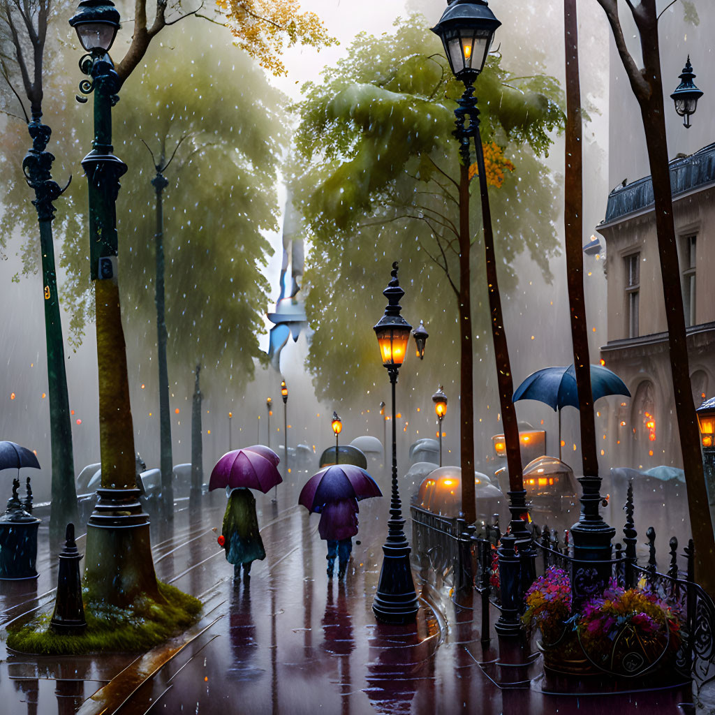 Rainy city scene with people and umbrellas, wet streets, glowing street lamps, and leafy