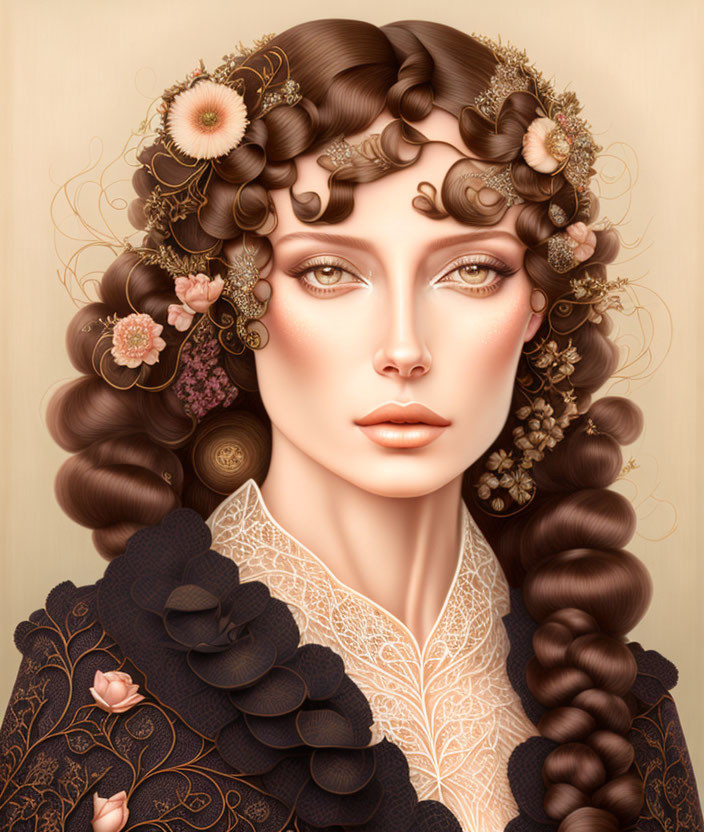 Illustrated portrait of woman with intricate braided hair and floral-adorned dark outfit