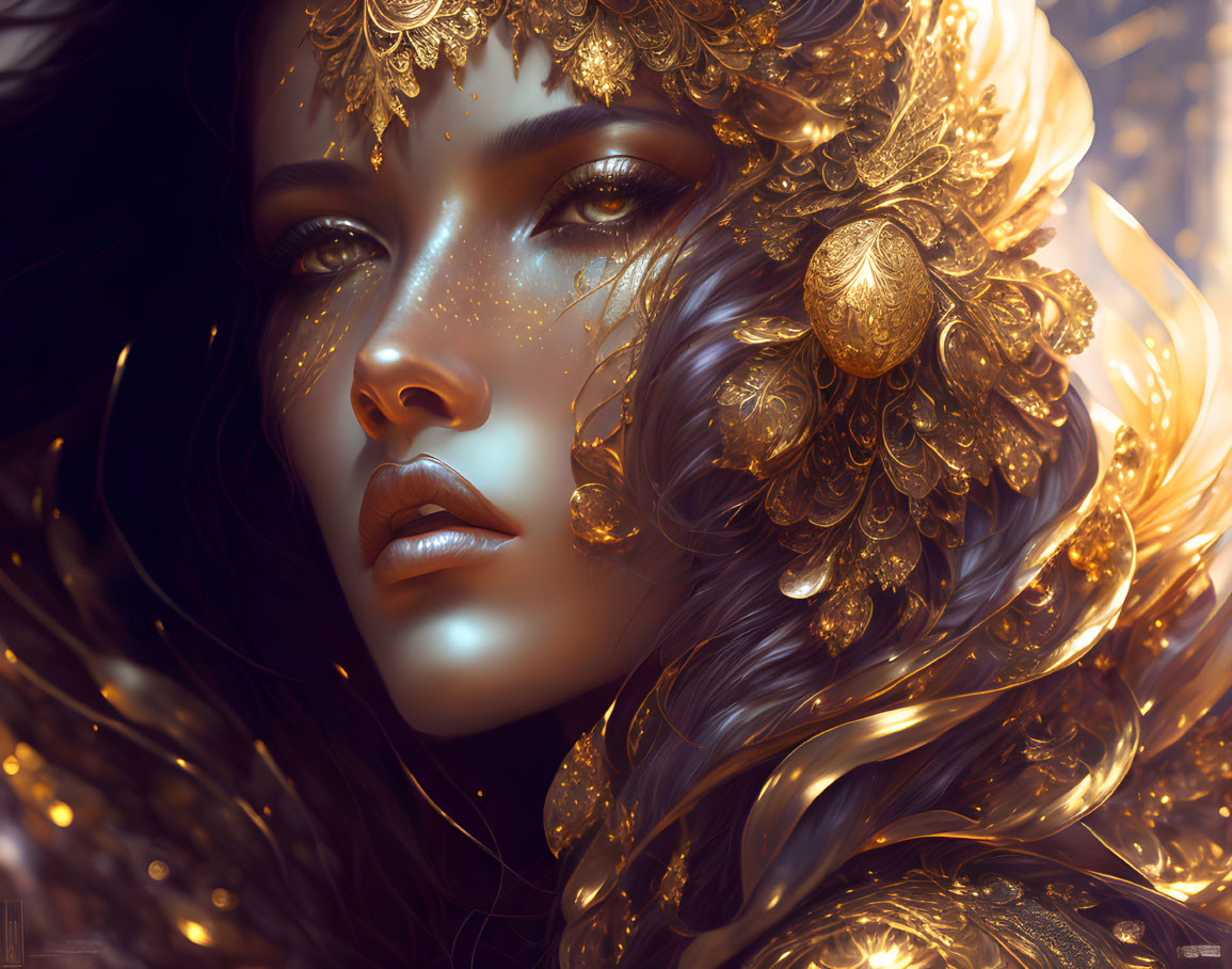 Digital artwork of woman with ornate golden headgear and feathers - intricate designs and serene expression