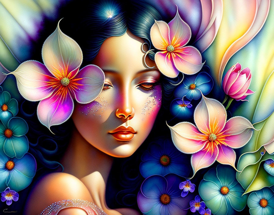 Colorful Artwork of Woman Surrounded by Stylized Flowers