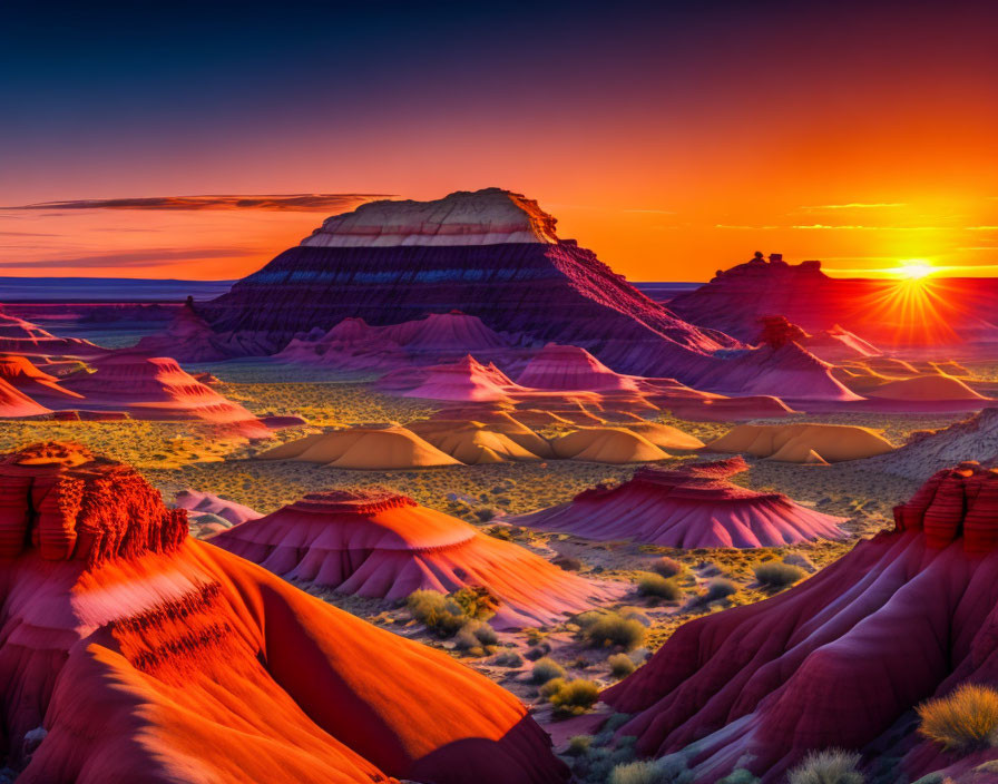 Colorful desert sunset with layered rock formations and striated hills.