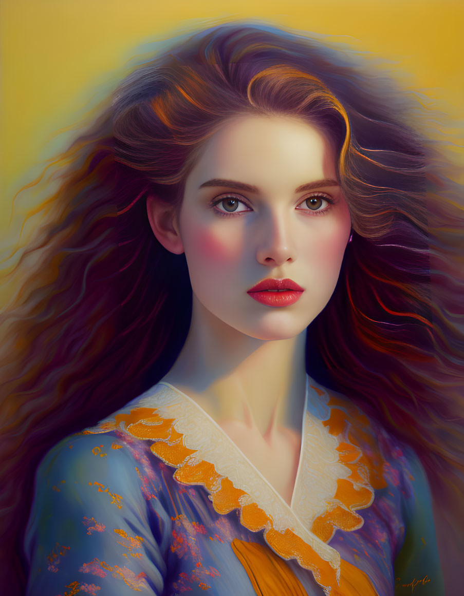 Portrait of woman with auburn hair and elegant blouse on yellow backdrop