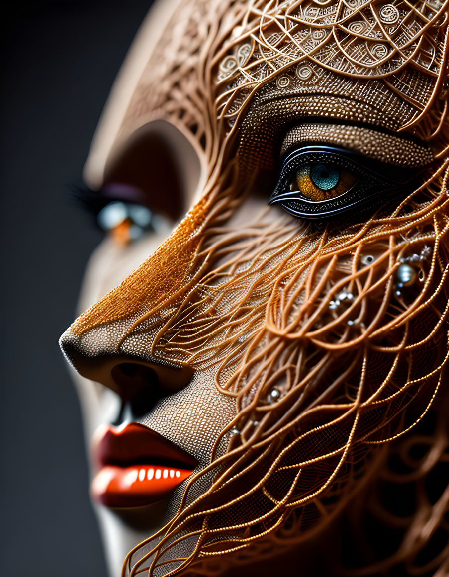 Detailed Artistic Mask with Lifelike Eye and Realistic Lips on Dark Background