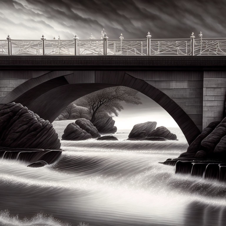 Monochromatic image of serene river under stone bridge