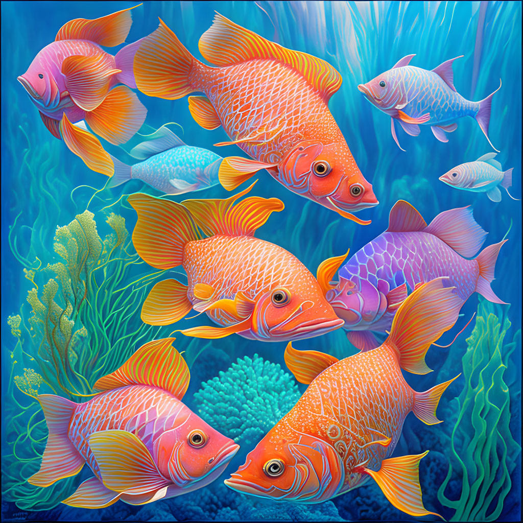 Vibrant underwater scene: Colorful fish, coral, sea plants