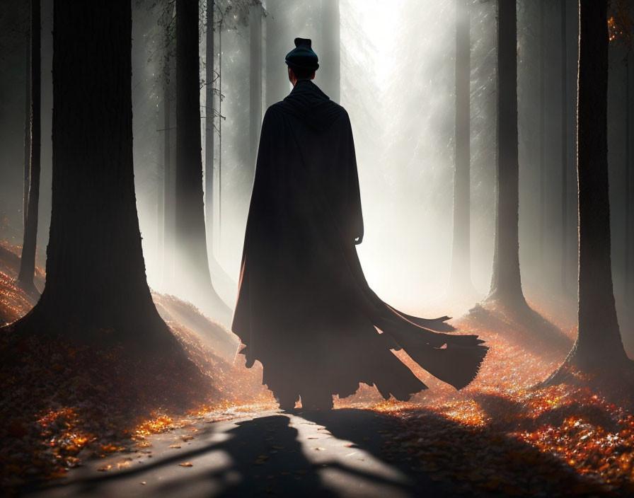 Mysterious figure in cape and hat standing in misty forest