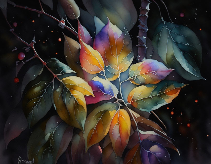 Vibrant Watercolor Painting of Multicolored Leaves on Dark Background