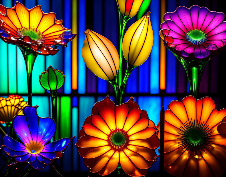 Vibrant glass flowers in front of illuminated stained glass window