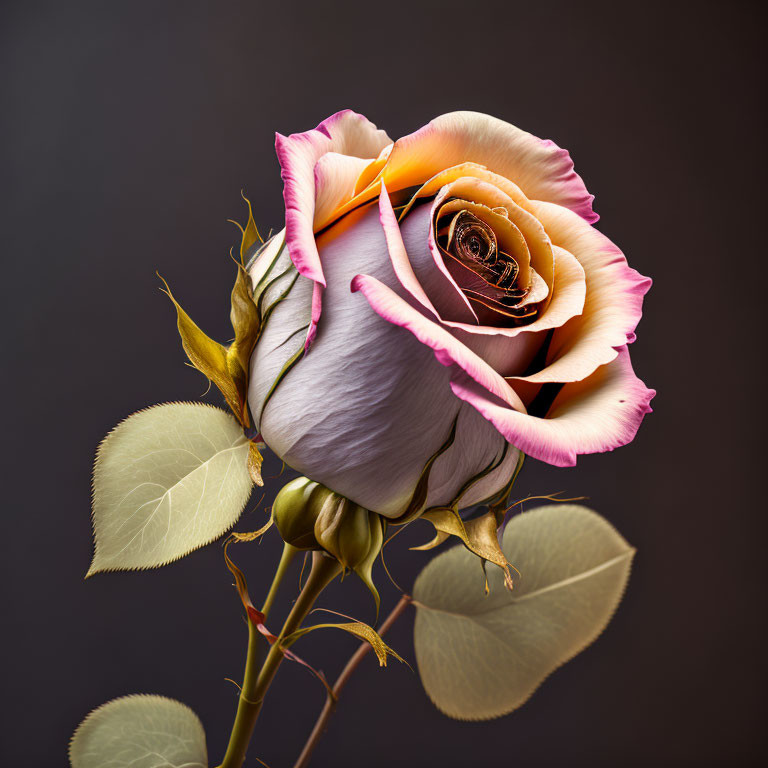 Creamy Petals Edged in Pink Rose Against Dark Background