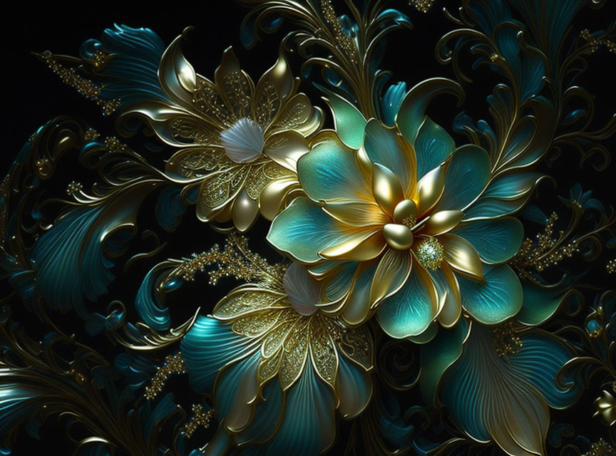 Metallic Flowers Artwork: Gold, Blue, Teal Hues & Intricate Patterns