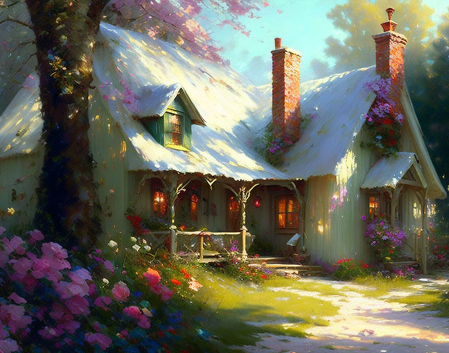 Cozy cottage nestled among trees and flowers in warm sunlight