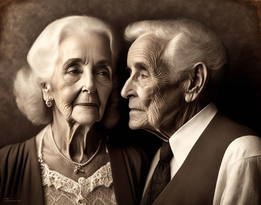 Elderly Couple Embracing in Sepia-Toned Portrait