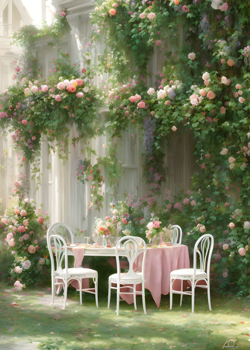 Tranquil garden setting with white table and chairs under climbing roses canopy