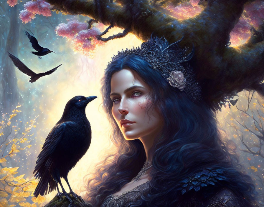 Ethereal woman with crow feathers in enchanted forest