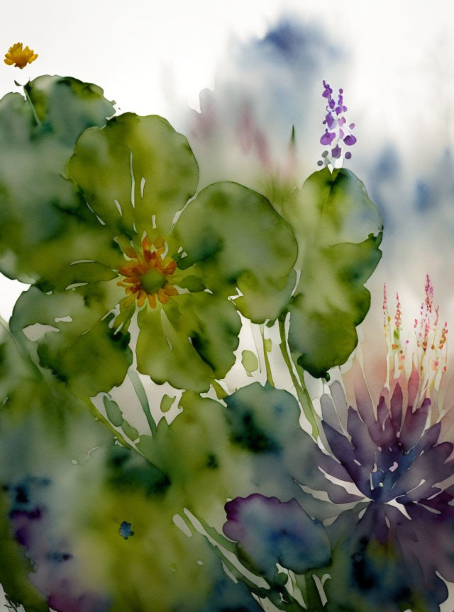 Floral watercolor painting in green, yellow, purple, and blue