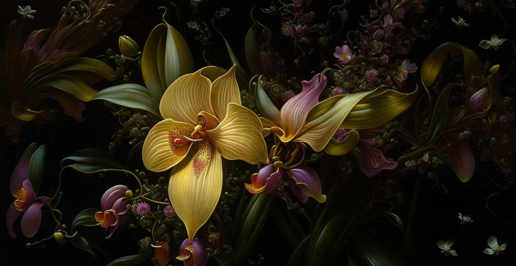 Detailed digital artwork: Yellow and purple orchids on dark background