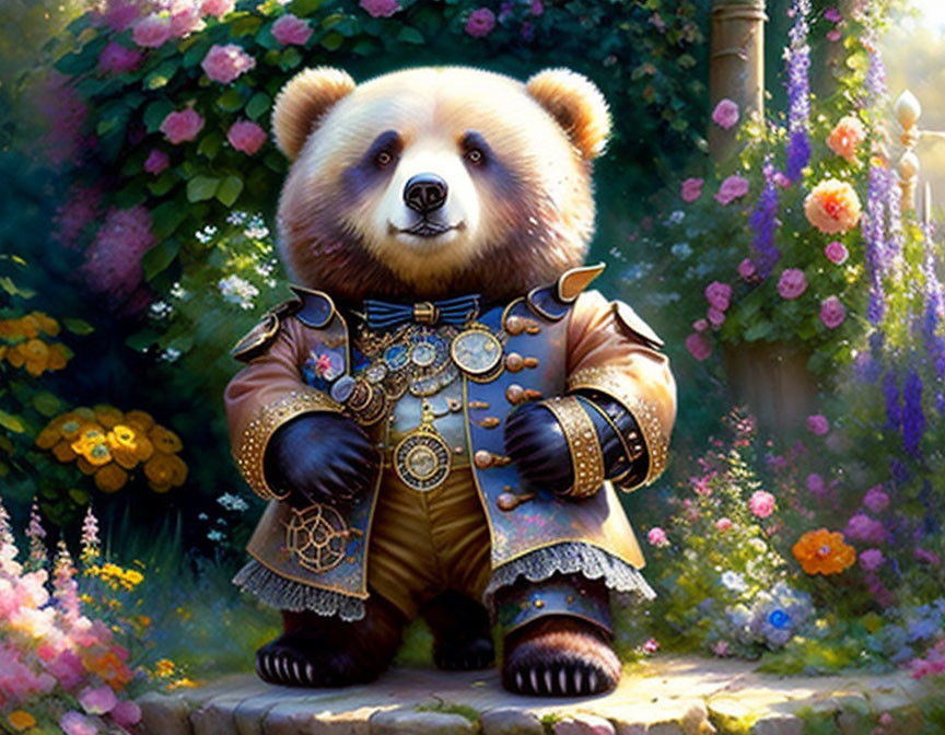 Anthropomorphic panda in ornate clock-adorned jacket in vibrant garden